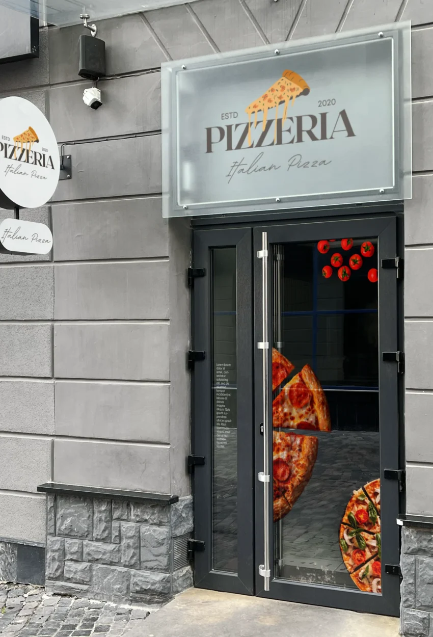 vinil, fachada, reclame para pizzaria
